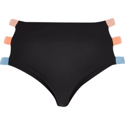 Black colour block high rise bikini bottoms